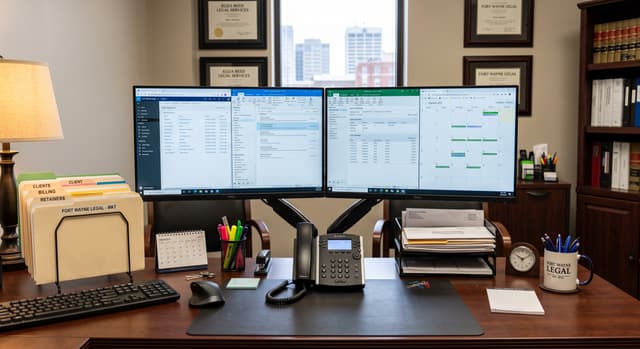An office desk with two monitors and a desk phone.