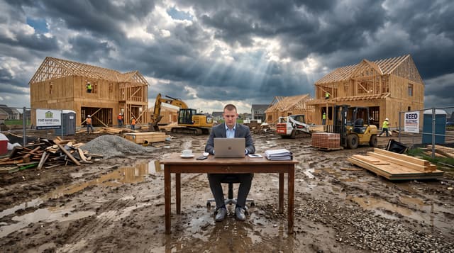 A contractor sitting at a makeshift desk on a job site, working through paperwork.